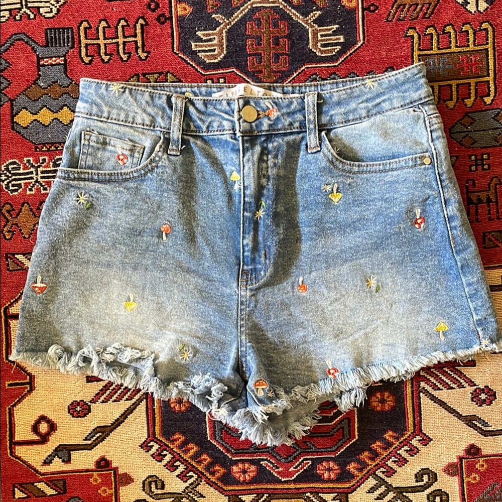 Mushroom Embroidered Denim Shorts